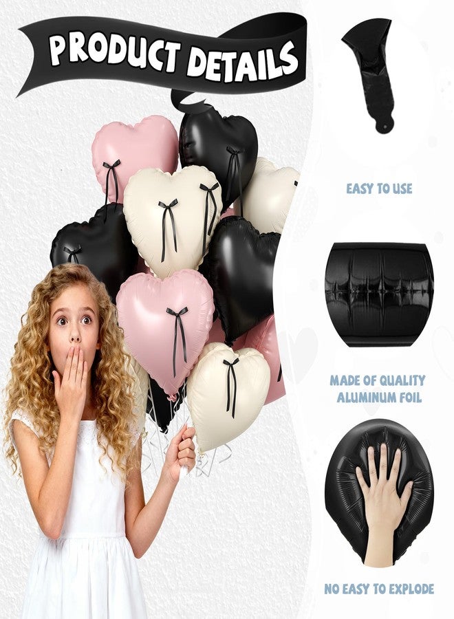 Biapian Pink and Black Heart Balloons, 10 Pcs Baby Pink Cream Heart Shaped Balloon with Black Bow Ribbon, 18 Inch Pink Sand White Foil Balloons for Brithday Baby Shower Wedding Valentines Party Decoration - Image 3